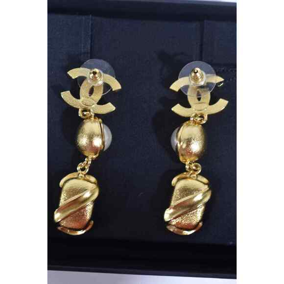 Chanel 22A Gold Pearl White Crystal XL Logo Large Dangle Drop Statement Earrings - Picture 8 of 12